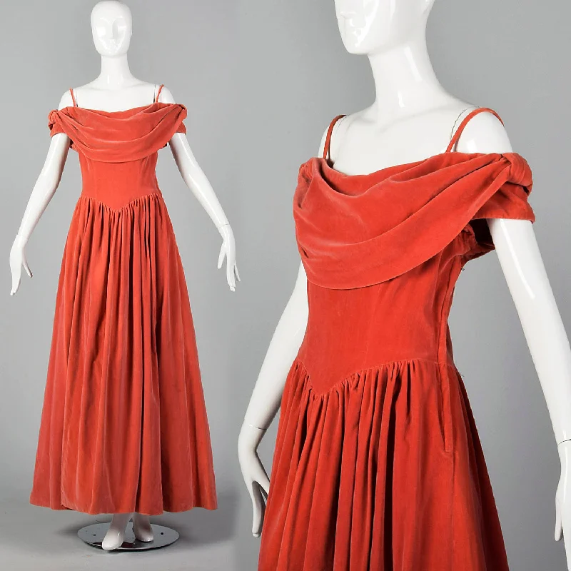 1940s Coral Velvet Evening Gown Lounge unclassified dresses