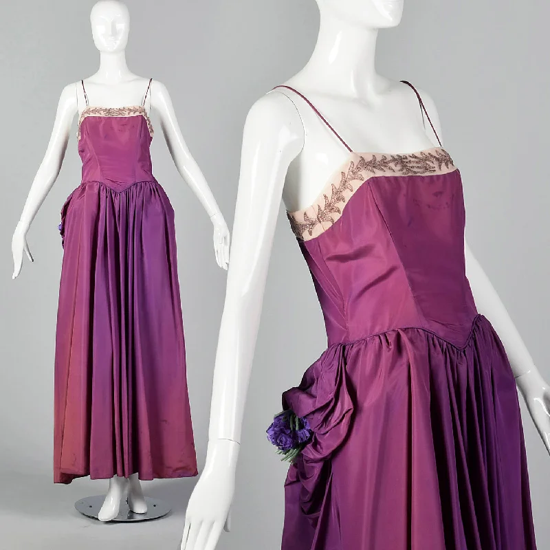 1940s Purple Taffeta Gown with Beaded Neckline Chiffon unclassified dresses