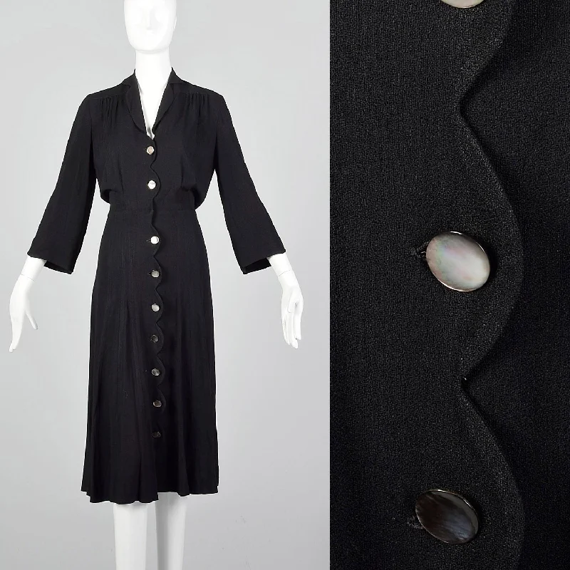 1940s Scalloped Black Rayon Dress Best-selling unclassified dresses