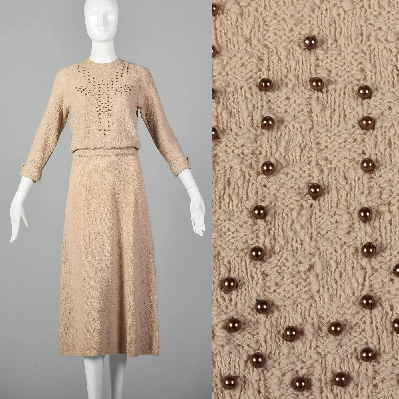 1940s Taupe Knit Dress with Beaded Bust Formal unclassified dresses