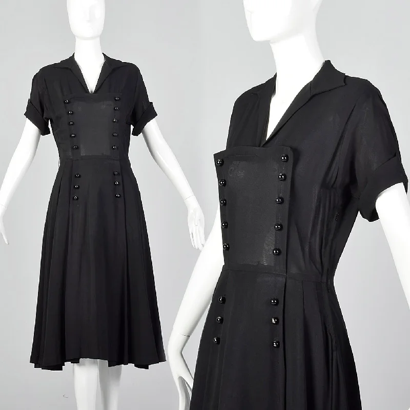 1950s Black Dress with Double Breasted Decorative Buttons Smocked unclassified dresses