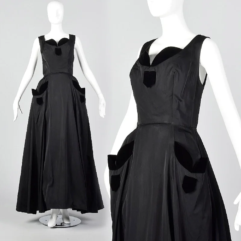 1950s Black Full Length Gown with Velvet Trim Graduation unclassified dresses