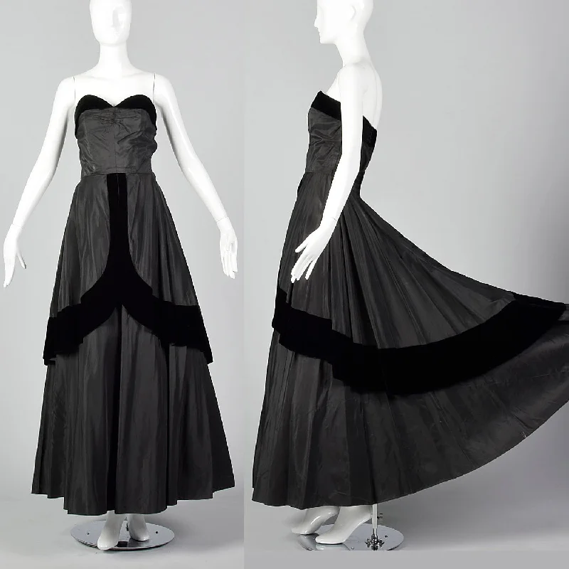 1950s Black Taffeta Evening Dress with Velvet Trim High-end unclassified dresses