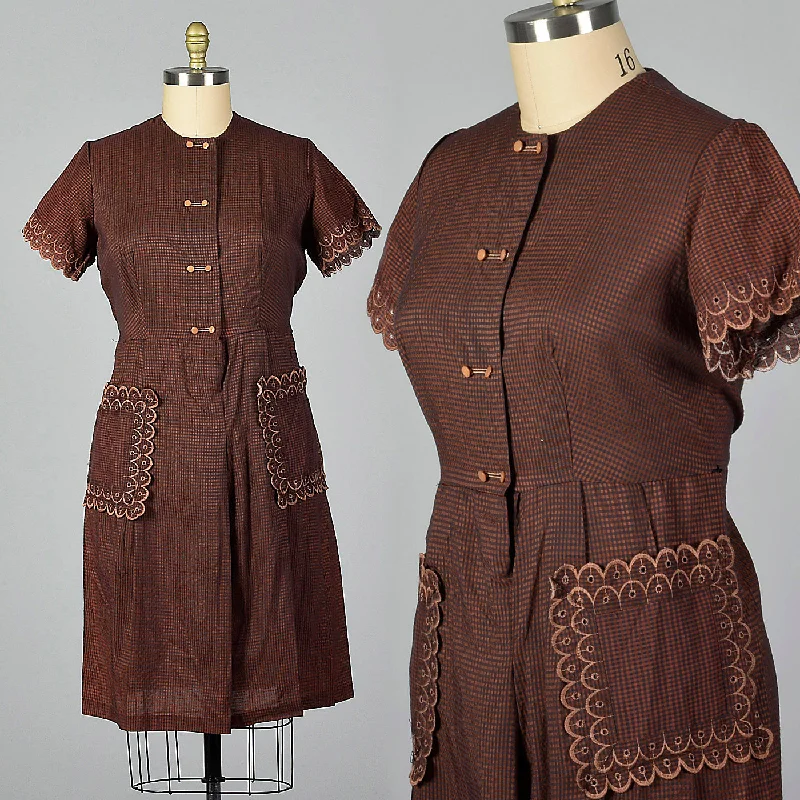 1950s Brown and Navy Gingham Day Dress Beaded unclassified dresses