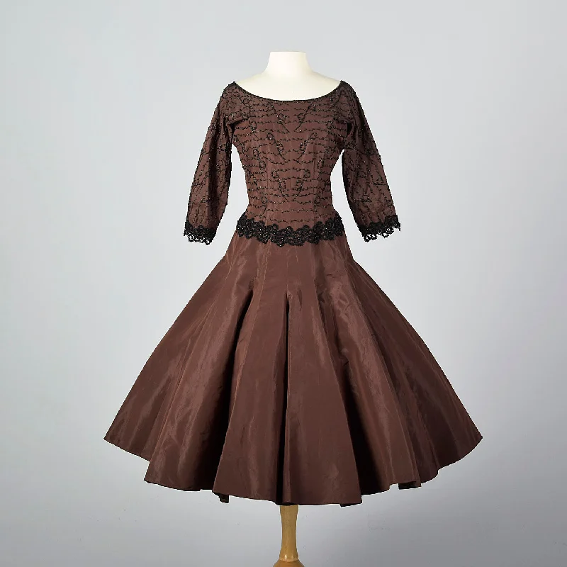 1950s Brown Taffeta Dress with Black Beading Bodycon unclassified dresses