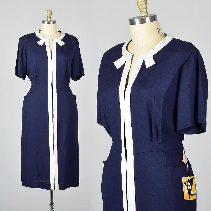 1950s Deadstock Navy Dress with White Trim Short unclassified dresses