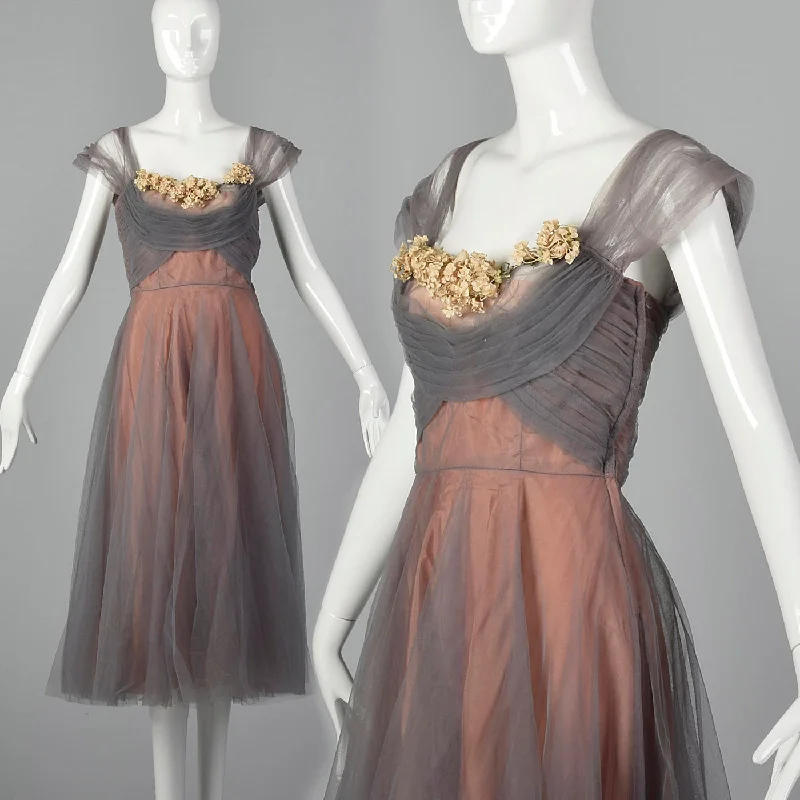 1950s Gray and Pink Mesh Dress with Faux Flower Bust High-end unclassified dresses