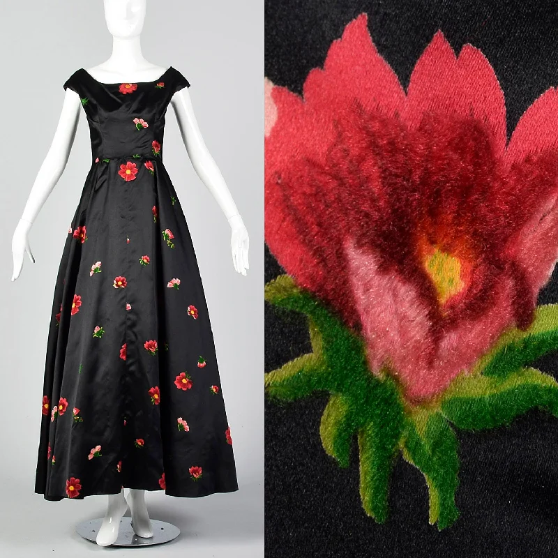 1950s Hattie Carnegie Black Gown with Flocked Flowers Minimalist unclassified dresses