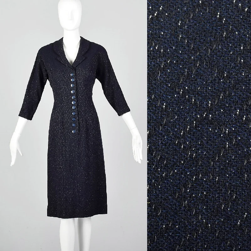 1950s Navy Blue Dress with Silver Glitter Textile Sexy unclassified dresses