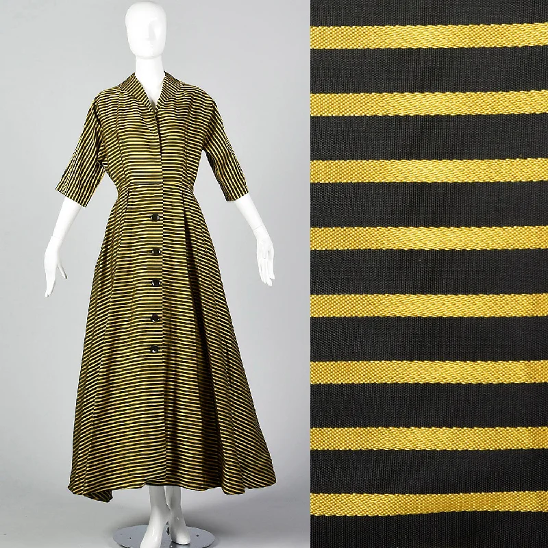 1950s Yellow and Black Striped Dressing Gown Satin unclassified dresses