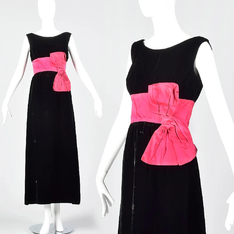 1960s Black Velvet Dress with Pink Cummerbund Waist Summer unclassified dresses