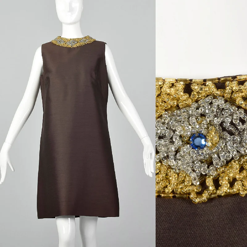 1960s Brown Shift Dress with Beaded Collar Breathable unclassified dresses