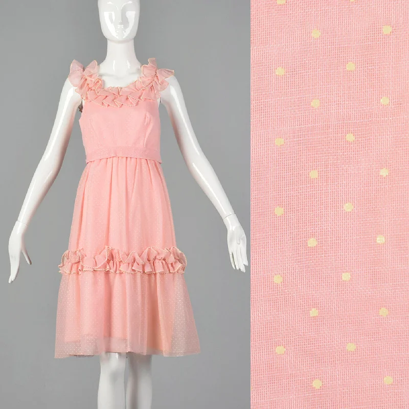 1960s Pink Swiss Dot Dress with Ruffle Trim Breathable unclassified dresses