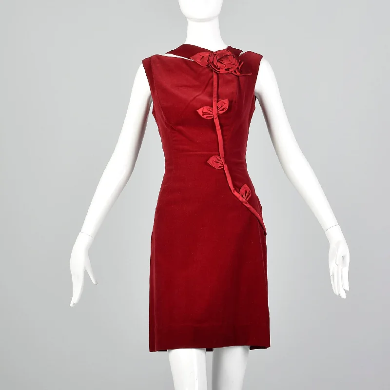 1960s Red Velvet Dress with Asymmetrical Neckline Minimalist unclassified dresses