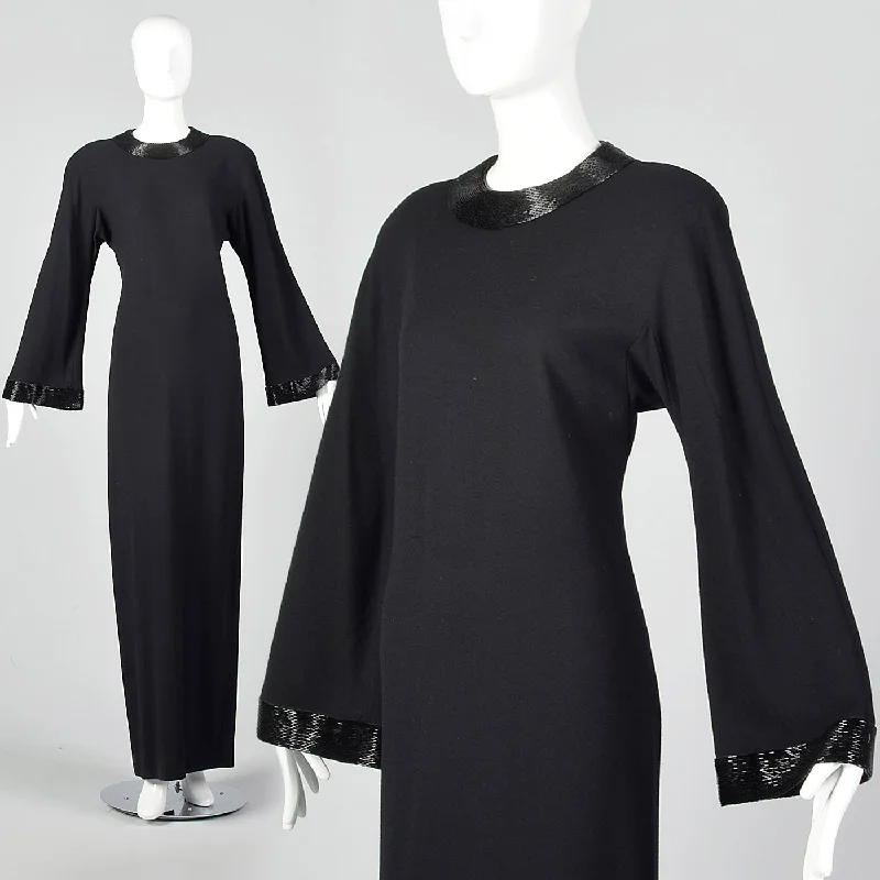 1970s Anne Klein Black Wool Evening Gown with Bell Sleeves and Beaded Trim Stretchy unclassified dresses