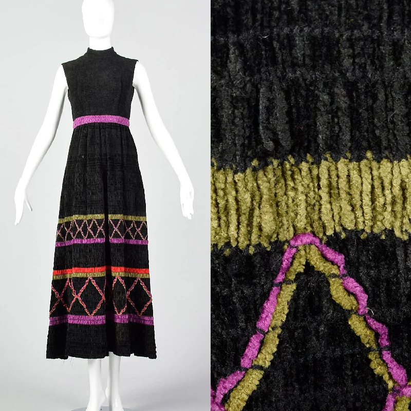 1970s Black Chenille Dress One-shoulder unclassified dresses