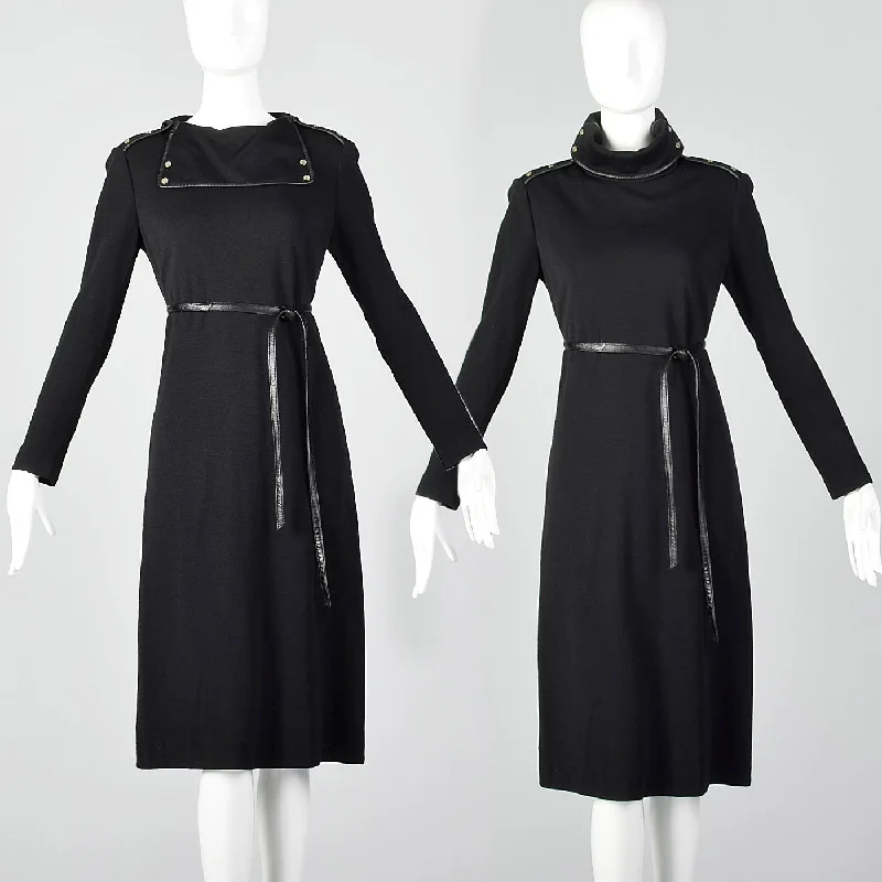 1970s Bonnie Cashin Black Wool Dress with Convertible Collar Tiered unclassified dresses