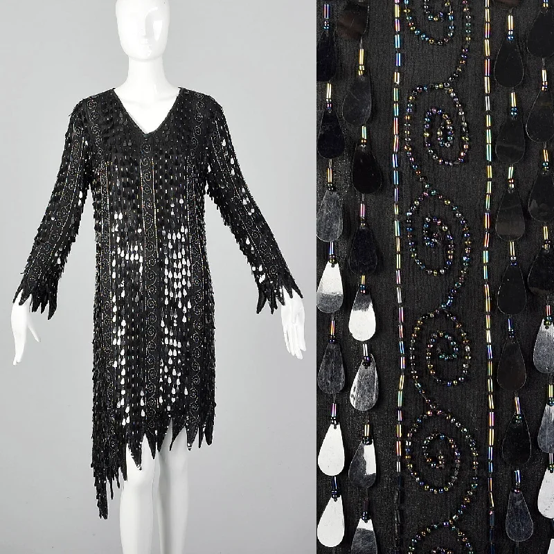 1970s Frank Usher Black Beaded Silk Dress Vacation unclassified dresses