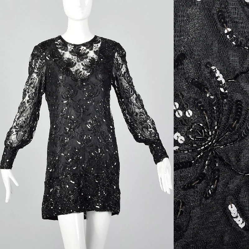 1970s Judith Ann Black Beaded Dress Metallic unclassified dresses