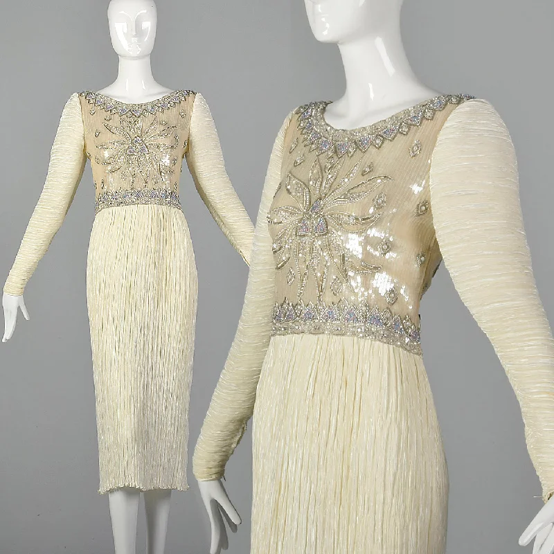 1970s Mary McFadden Couture Beaded and Pleated White Dress Budget-friendly unclassified dresses