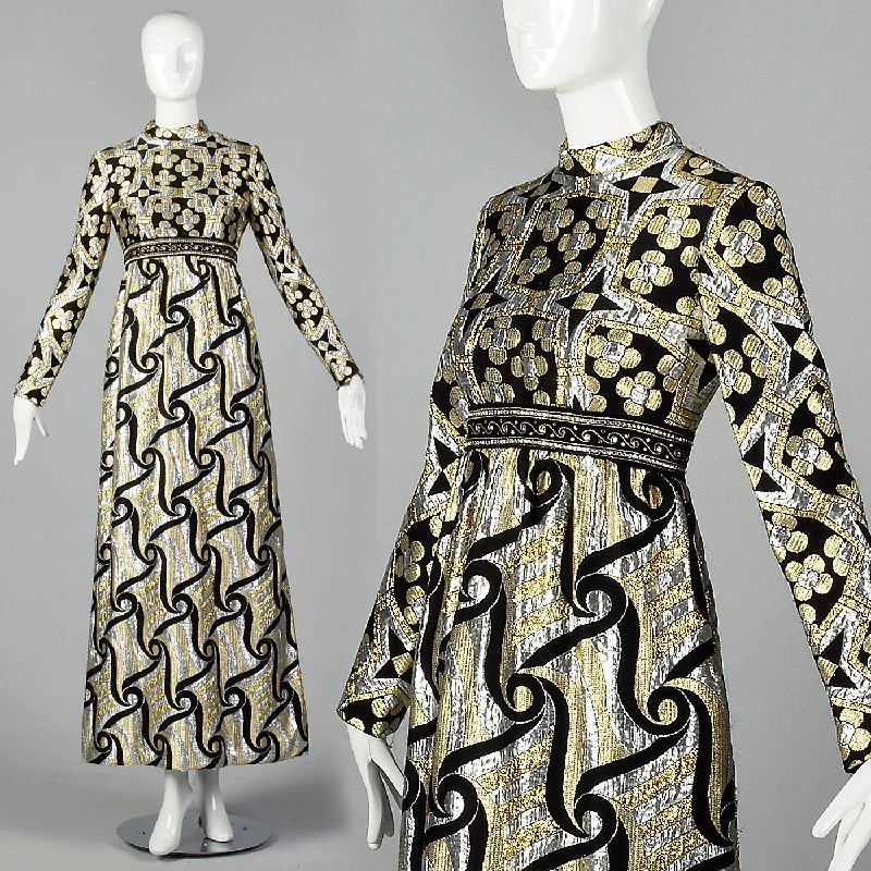 1970s Silver and Gold Metallic Dress Silk unclassified dresses