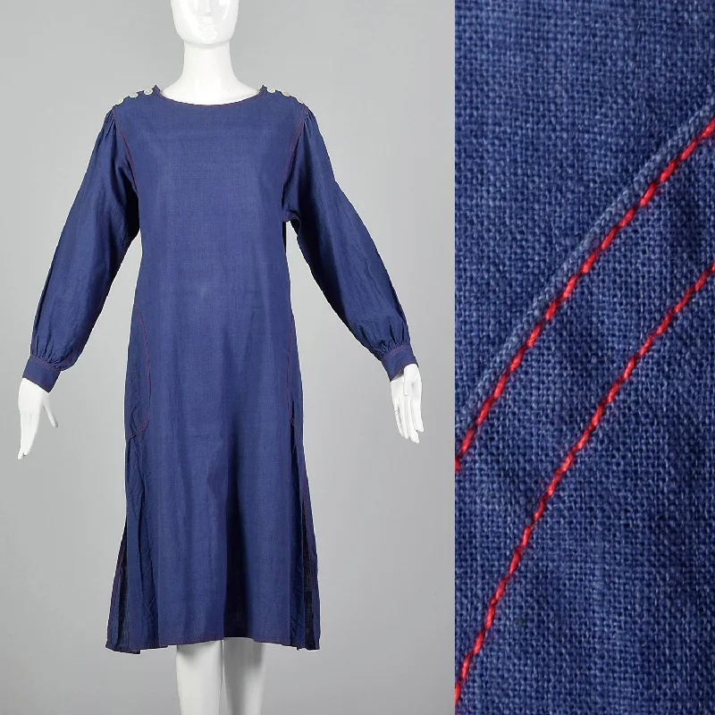 1970s Yves Saint Laurent Rive Gauche Loose Chambray Dress with Red Topstitch Everyday wear unclassified dresses