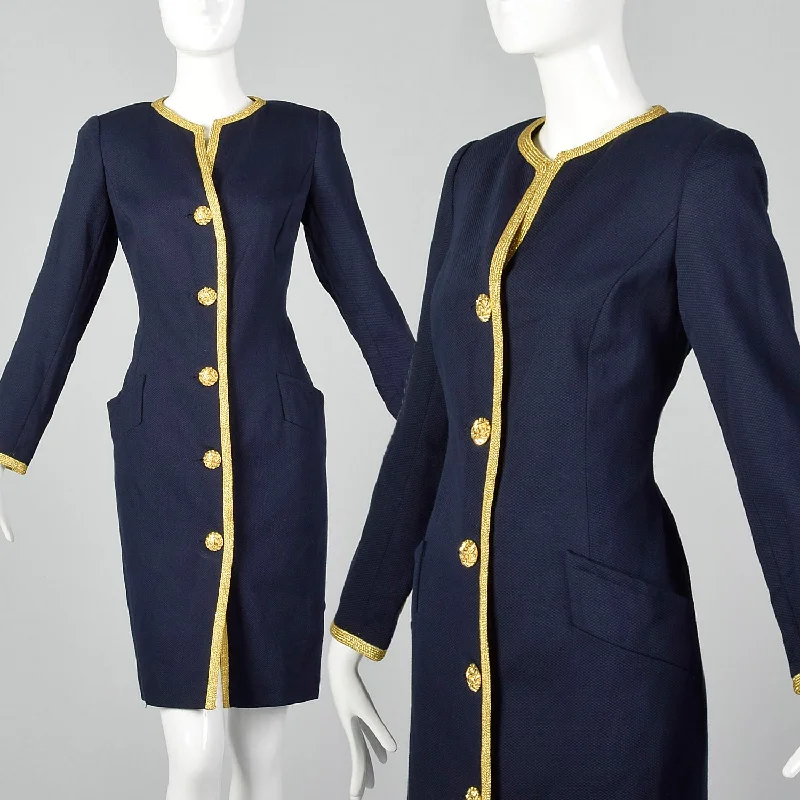 1980s Bill Blass Navy Dress with Gold Tone Metal Braided Trim Polka dot unclassified dresses