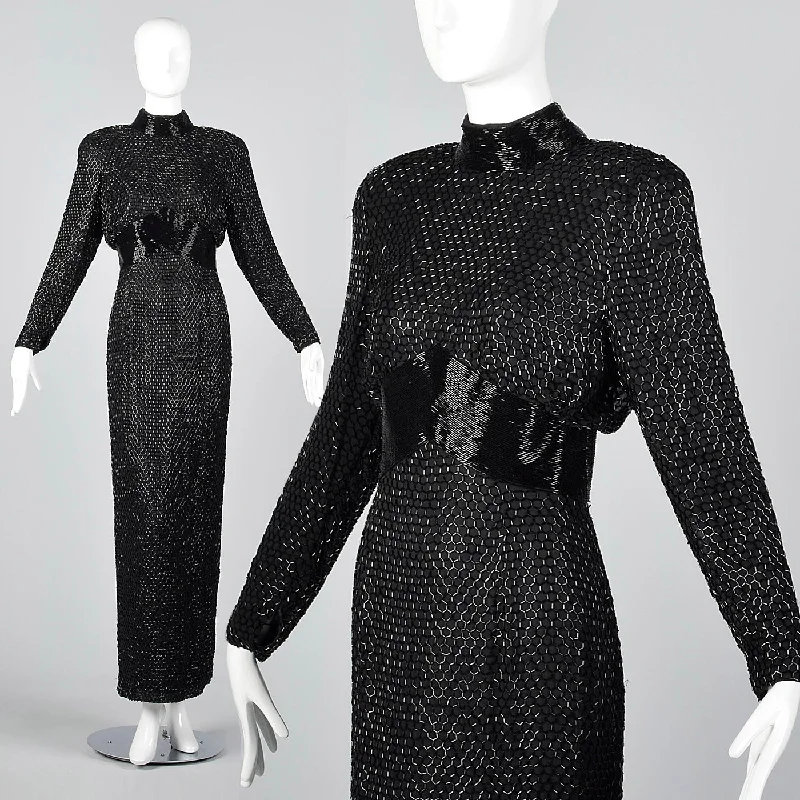 1980s Oleg Cassini Silk Beaded Black Evening Dress Metallic unclassified dresses