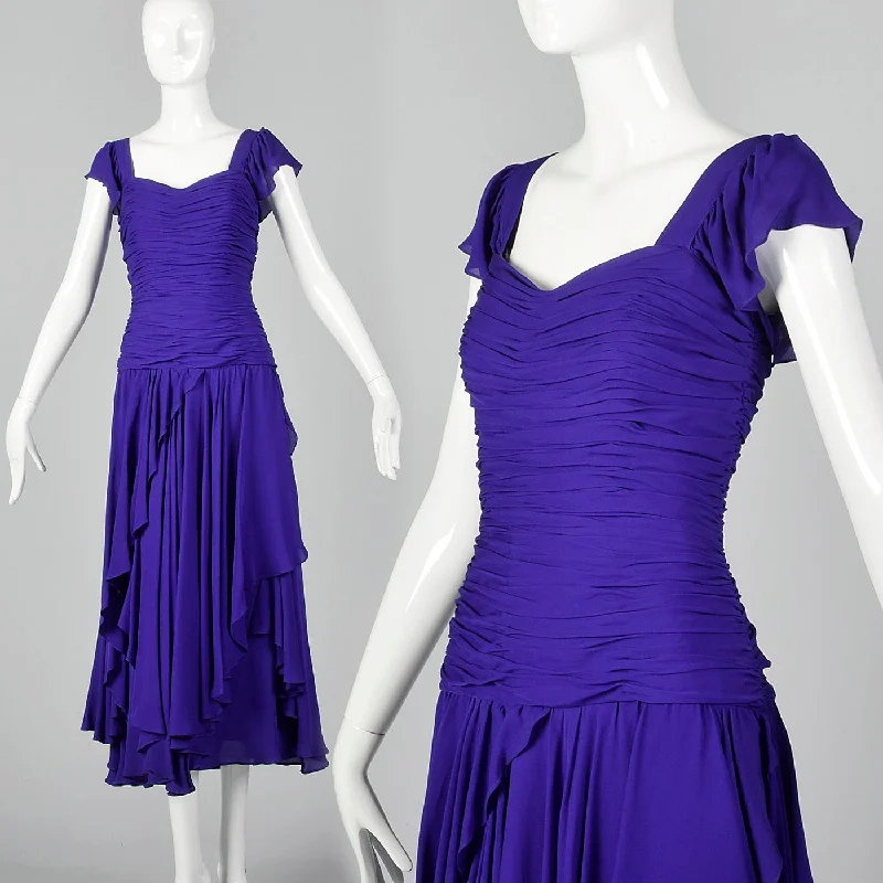 1980s Purple Gown with Ruched Bodice and Flutter Cap Sleeves Bright color unclassified dresses