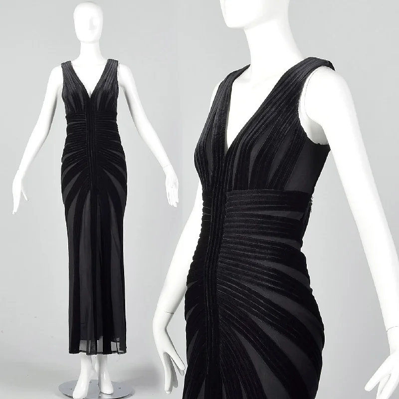 1990s Black Velvet Mesh Dress Lounge unclassified dresses