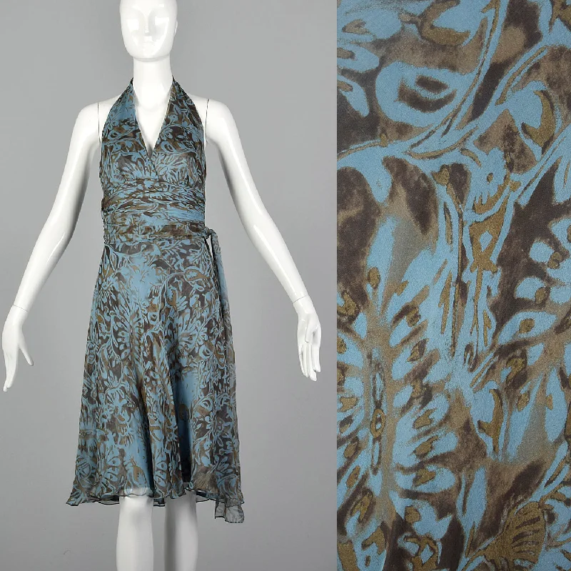 1990s Carmen Marc Valvo Blue Silk Hater Dress with Waist Sash Open-back unclassified dresses