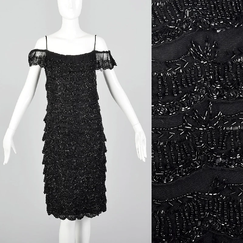 1990s Off Shoulder Beaded Dress with Layered Ruffles Stylish unclassified dresses