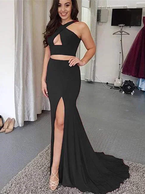 2 Pieces Jersey Prom Dresses, Mermaid Prom Dresses, Side Silt Prom Dresses, Simple Prom Dresses Dark color unclassified dresses