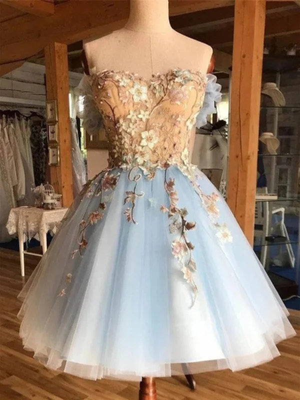 3D Floral Lace Blue Short Prom Dresses, Blue Lace Formal Graduation Homecoming Dresses Brunch floral dresses