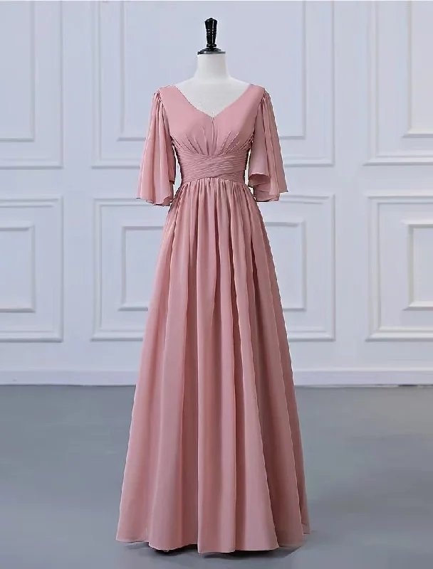 A-Line Bridesmaid Dress V Neck Half Sleeve Elegant Floor Length Chiffon with Pleats / Ruffles Fashionable unclassified dresses