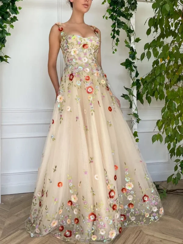 A Line Champagne Tulle Floral Long Prom Dresses, Champagne Formal Graduation Evening Dresses with 3D Flowers SP2630 Edgy floral dresses