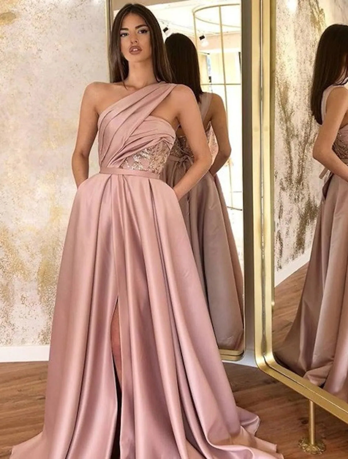 A-Line Evening Gown Celebrity Style Dress Formal Floor Length Sleeveless One Shoulder Satin with Ruched Slit Sequin unclassified dresses