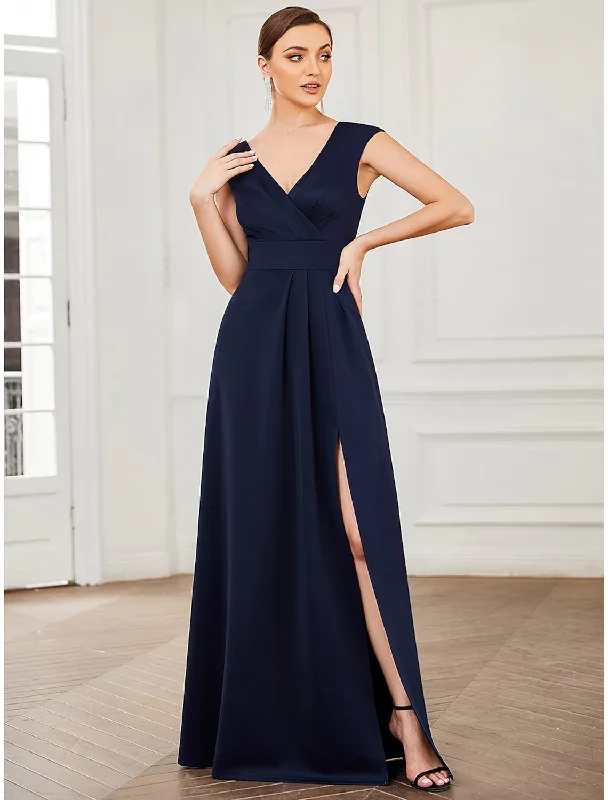 A-Line Evening Gown Elegant Dress Formal Floor Length Sleeveless V Neck Polyester V Back with Draping Slit Budget-friendly unclassified dresses