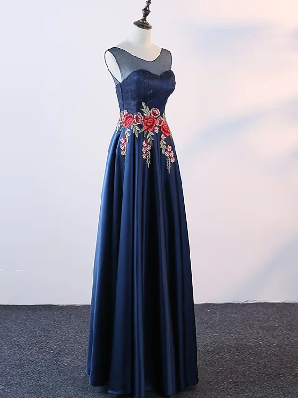 A-Line Evening Gown Elegant Dress Prom Floor Length Sleeveless Jewel Neck Satin with Embroidery Appliques Flowy unclassified dresses