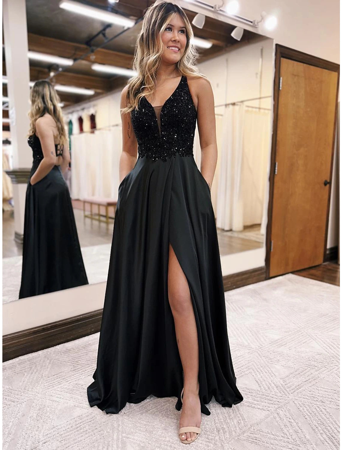 A-Line Evening Gown Empire Dress Formal Prom Floor Length Sleeveless V Neck Pocket Satin Backless with Beading Appliques Ruffled unclassified dresses