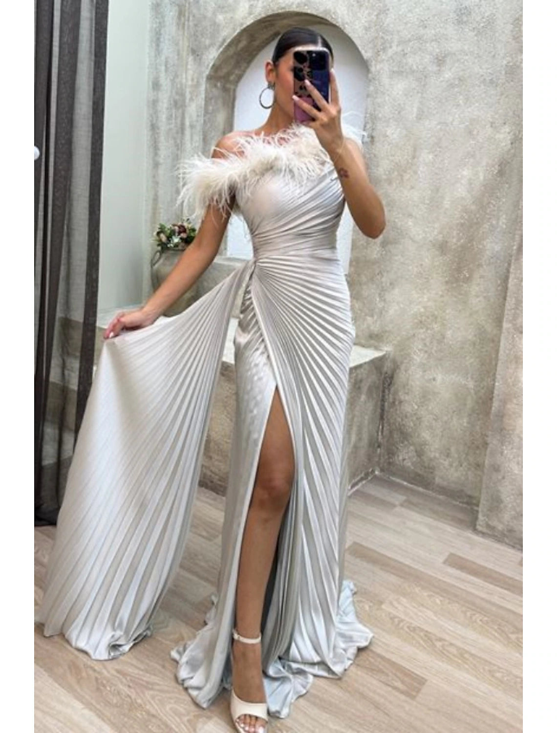 A-Line Evening Gown High Split Dress Formal Fall Sweep / Brush Train Sleeveless Off Shoulder Satin with Feather Pleats Slit Gothic unclassified dresses