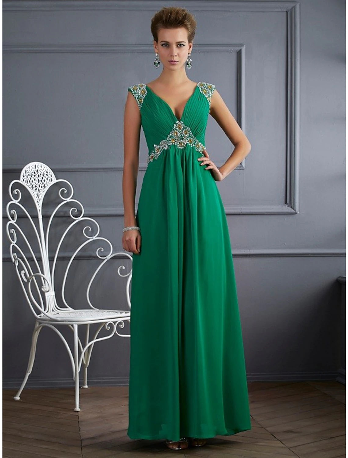 A-Line Evening Gown Sparkle & Shine Dress Formal Floor Length Sleeveless V Neck Chiffon with Rhinestone Ruched Club unclassified dresses