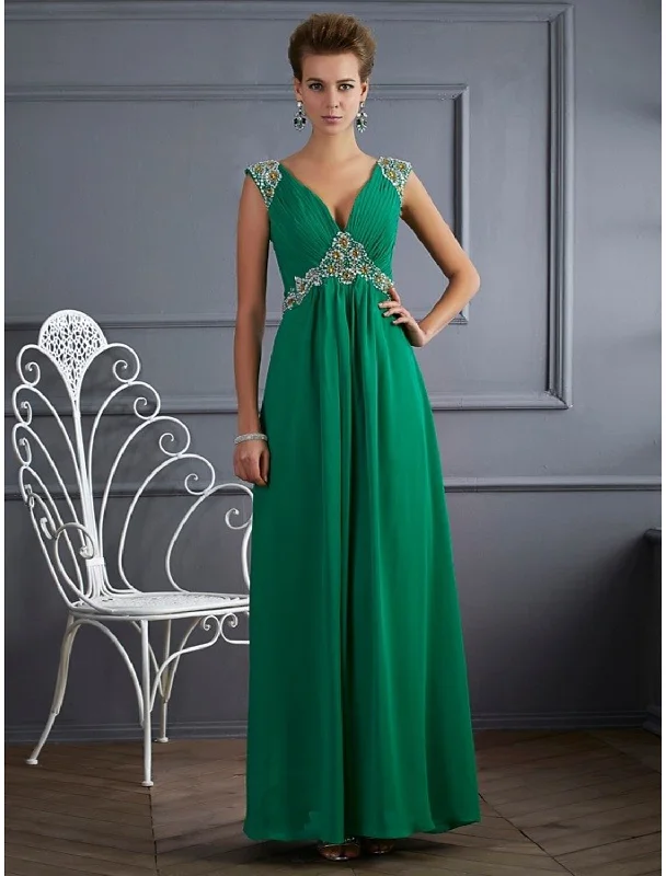 A-Line Evening Gown Sparkle & Shine Dress Formal Prom Floor Length Sleeveless V Neck Chiffon with Rhinestone Ruched Trendy unclassified dresses