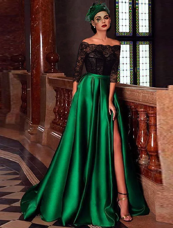 A-Line Evening Gown Vintage Dress Masquerade Engagement Floor Length 3/4 Length Sleeve Off Shoulder Satin with Appliques Street style unclassified dresses