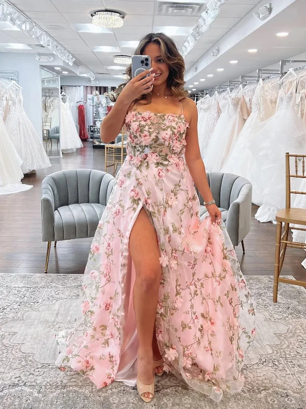 A Line Pink Floral Long Prom Dresses with High Slit, Long Pink Formal Graduation Evening Dresses with 3D Flowers SP2632 Casual floral dresses