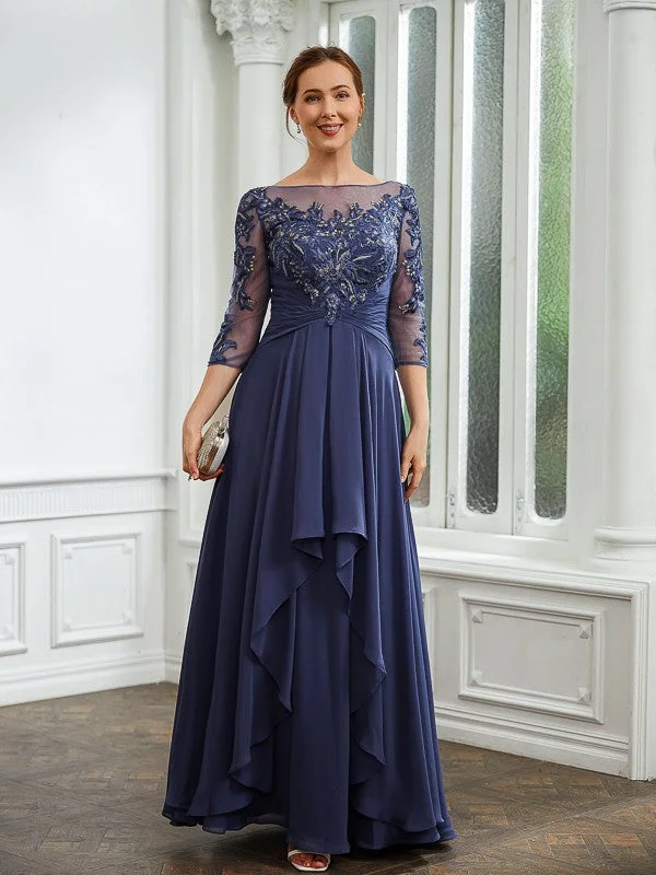 A-Line/Princess Chiffon Applique Bateau 3/4 Sleeves Floor-Length Mother of the Bride Dresses Comfortable unclassified dresses