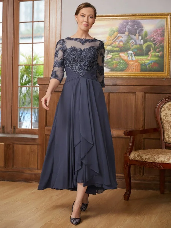 A-Line/Princess Chiffon Applique Scoop 3/4 Sleeves Asymmetrical Mother of the Bride Dresses Minimalist unclassified dresses