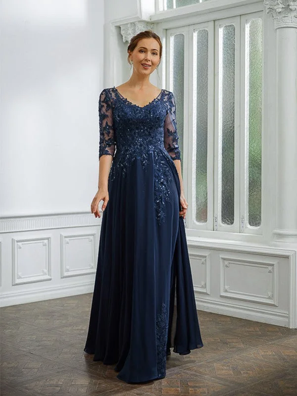 A-Line/Princess Chiffon Applique V-neck 3/4 Sleeves Floor-Length Mother of the Bride Dresses Short unclassified dresses