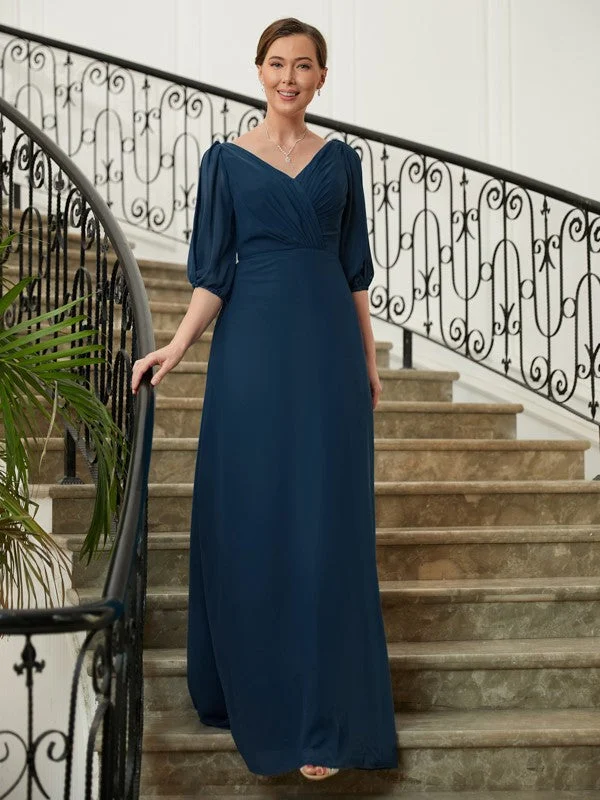 A-Line/Princess Chiffon Ruched V-neck 1/2 Sleeves Floor-Length Mother of the Bride Dresses Long sleeve unclassified dresses