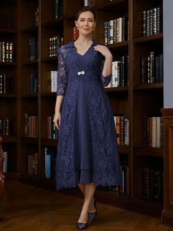 A-Line/Princess Chiffon Ruched V-neck Sleeveless Tea-Length Mother of the Bride Dresses Discounted unclassified dresses